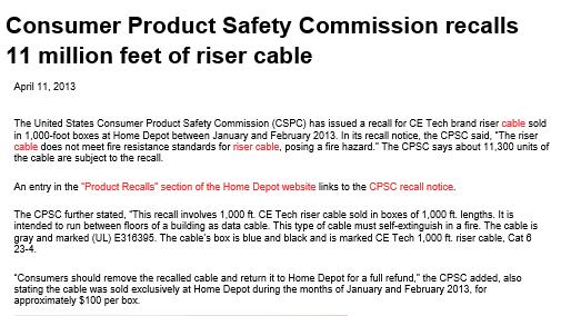 Recall of Unsafe Cables Cabling &