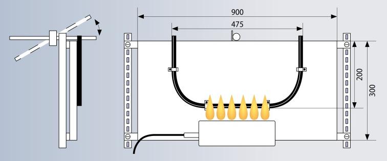 בבדיקות עם הלמים מכניים הכבל מונח בצורת Uונשען על לוח מחומר לא דליק - IEC 60331-25 כבלים אופטיים. כבל מונח ישר וללא הלמים מכניים.